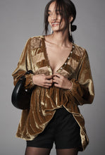 Load image into Gallery viewer, Anthropologie Long-Sleeve Velvet Lace Babydoll Top Gold Small
