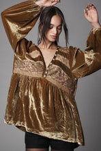 Load image into Gallery viewer, Anthropologie Long-Sleeve Velvet Lace Babydoll Top Gold Small
