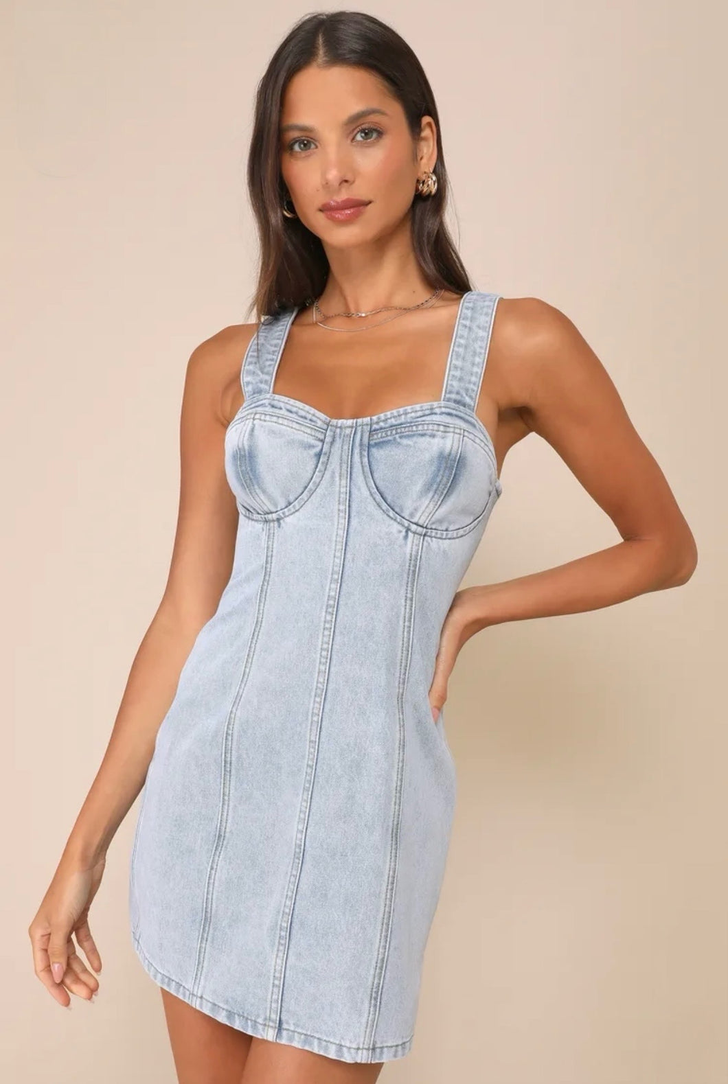 Lulu’s Stylish Daze Light Wash Denim Sleeveless Bustier Mini Dress S
