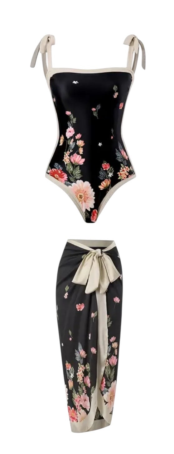 AD Black Floral Print Swimsuit Set With Adjustable Ties & Reversible XL