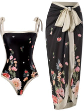 Load image into Gallery viewer, AD Black Floral Print Swimsuit Set With Adjustable Ties &amp; Reversible XL

