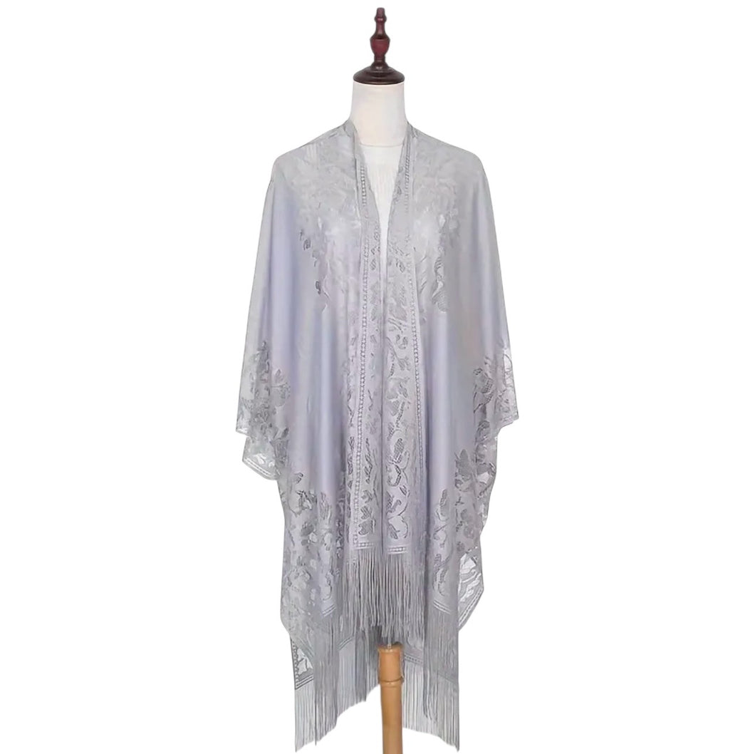 Lace Shawl Loose Thin Breathable Tassel Cardigan Grey OS