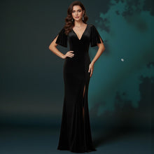 Load image into Gallery viewer, LulusElegant Evenings Black Velvet Flutter Sleeve Trumpet Maxi Dress M
