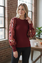 Load image into Gallery viewer, Sioni Milano Burgundy Illusion Sheer Floral Embellished Sleeve Sweater Small
