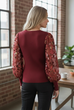 Load image into Gallery viewer, Sioni Milano Burgundy Illusion Sheer Floral Embellished Sleeve Sweater Small
