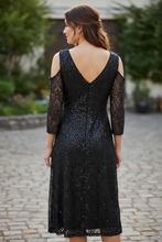 Load image into Gallery viewer, Marina Black Illusion Lace Cocktail Dress With Round Neck and V Back Size 6
